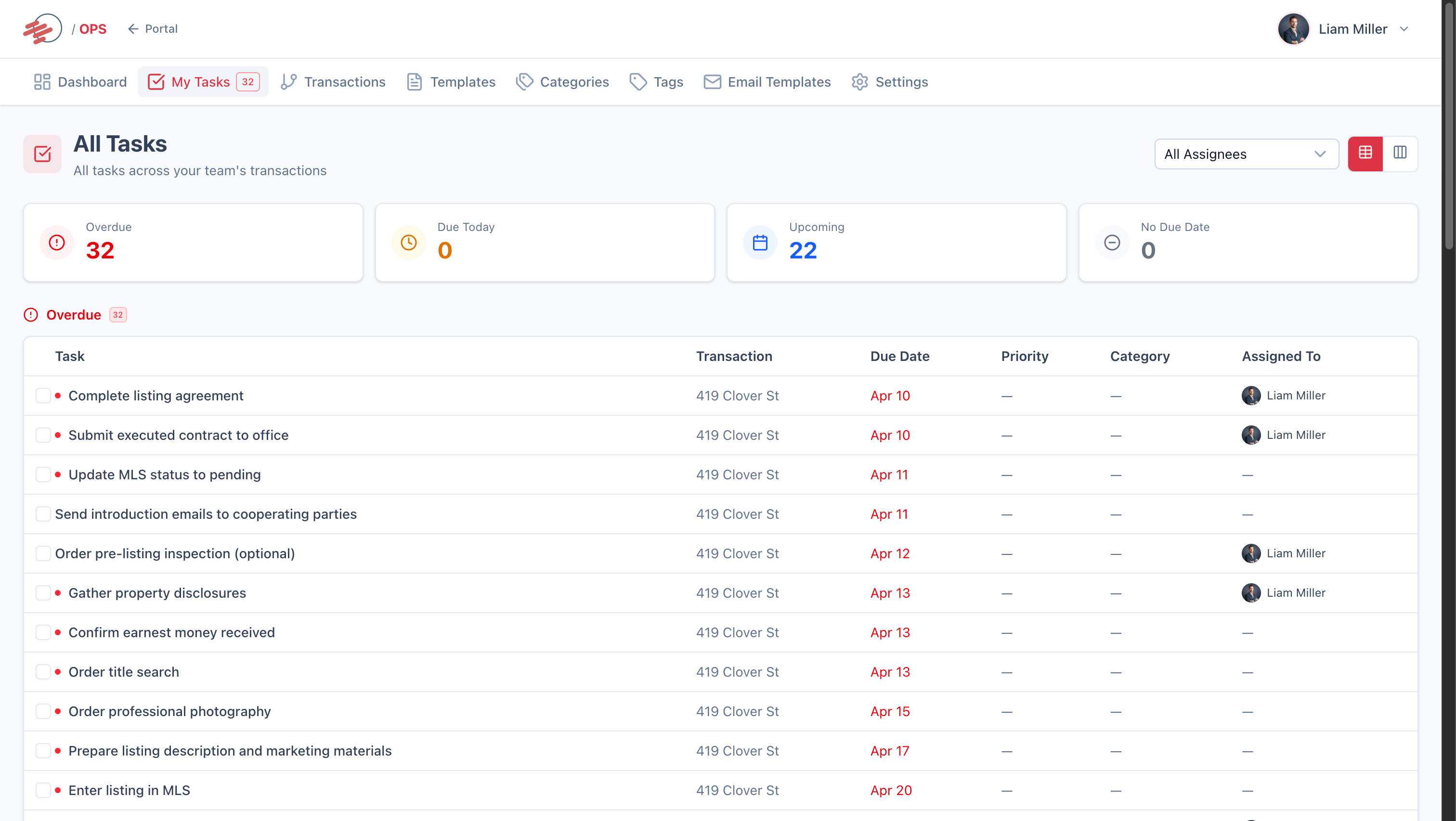 ClarityOPS — Auto-generated task list for a live real estate transaction